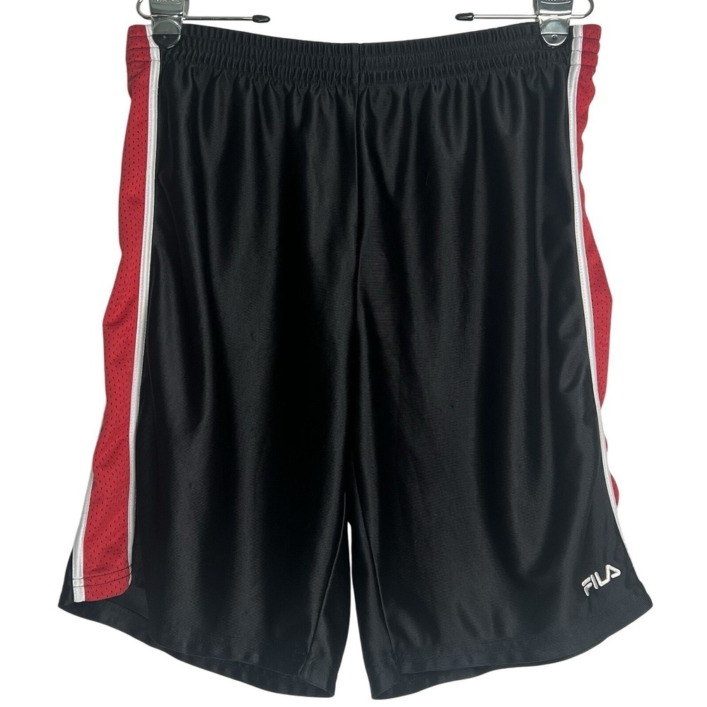 FILA Mens Basketball Shorts Black Red White Mesh Side Stripe Size Large L